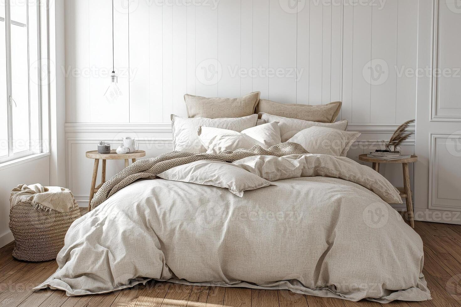 Close-up of a beautifully layered bed with white linen sheets, multiple pillows in soft textures, and a chunky knit throw blanket, showcasing the importance of quality bedding in bedroom decor