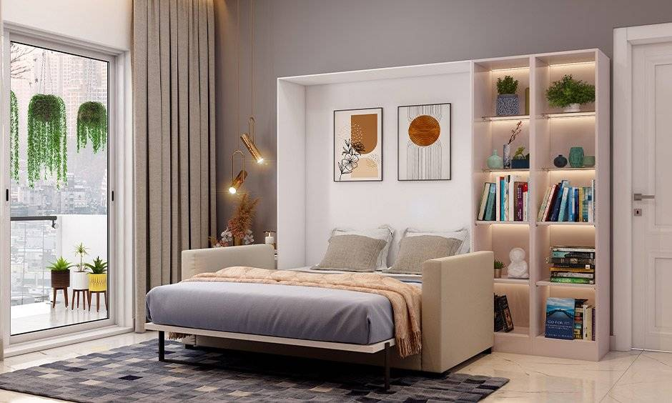 Bedroom layout showing multi-functional furniture including a storage bench, nightstands with drawers, and a headboard with built-in shelves, demonstrating efficient space usage