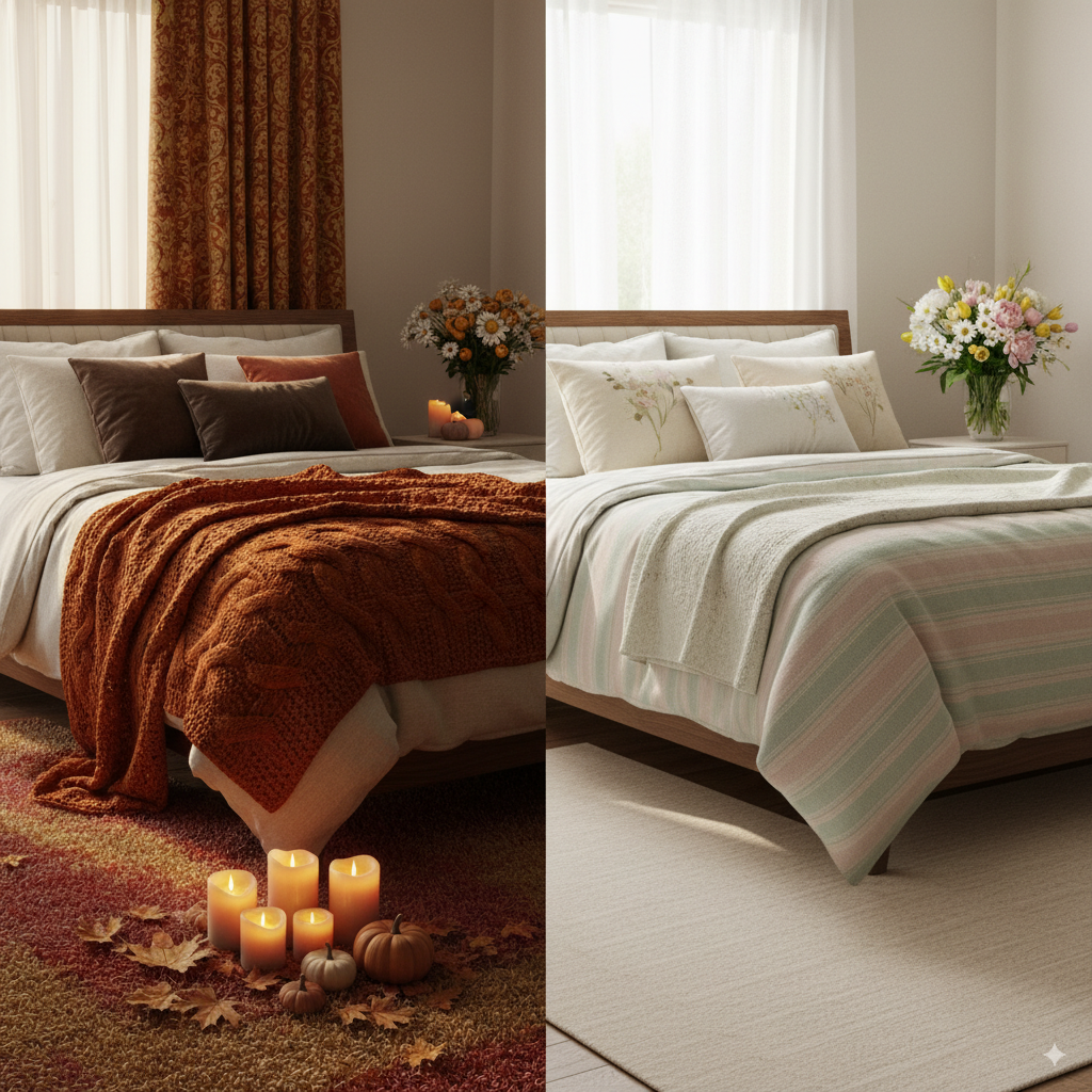Split image showing the same bedroom with subtle seasonal changes - warm autumn tones with darker throw pillows and candles on the left, fresh spring colors with lighter textiles and fresh flowers on the right