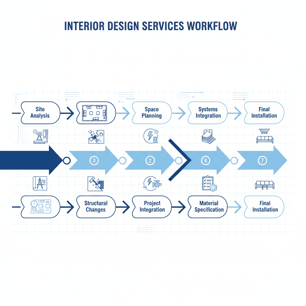 Detailed infographic showing interior designer services as connected workflow: Starting with "Site Analysis" (blueprint icon), flowing to "Space Planning" (room layout icon), then "Structural Changes" (wall removal icon), "Systems Integration" (electrical/plumbing icons), "Material Specification" (samples icon), "Project Management" (checklist icon), and ending with "Final Installation" (furniture placement icon). Use professional blue color scheme with technical drawing elements.