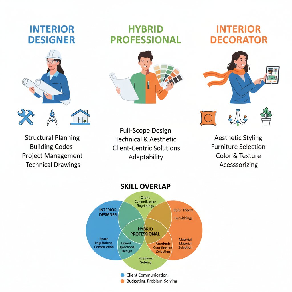 Professional comparison chart with three columns: LEFT "Interior Designer" (showing professional in hard hat with blueprints, tools icons, structural elements), CENTER "Hybrid Professional" (showing versatile professional with both blueprint and fabric samples, showing flexibility), RIGHT "Interior Decorator" (showing stylish professional with color swatches, furniture samples, styling elements). Include skill overlap diagram at bottom showing shared and unique competencies.