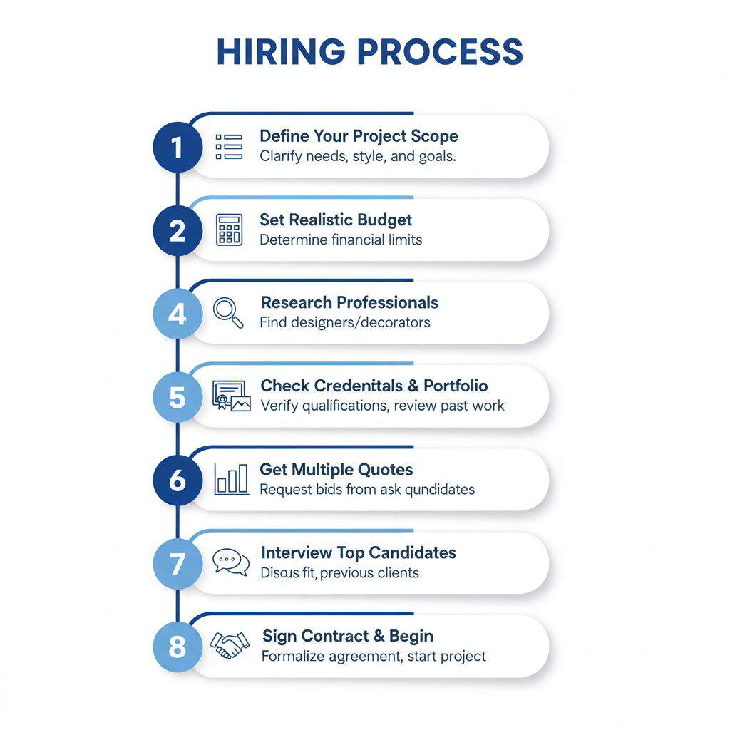 Step-by-step hiring process flowchart: 1) Define Your Project Scope (list icon), 2) Set Realistic Budget (calculator icon), 3) Research Professionals (search icon), 4) Check Credentials & Portfolio (certificate and images icons), 5) Get Multiple Quotes (comparison chart icon), 6) Interview Top Candidates (conversation icon), 7) Check References (phone icon), 8) Sign Contract & Begin (handshake icon). Use clean, professional styling with progress indicators.