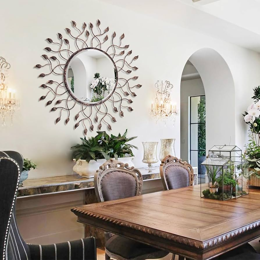 Elegant mirror with metallic frame in dining room