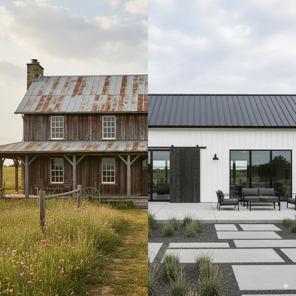 Comparison showing traditional farmhouse elements on the left and modern farmhouse interpretation on the right