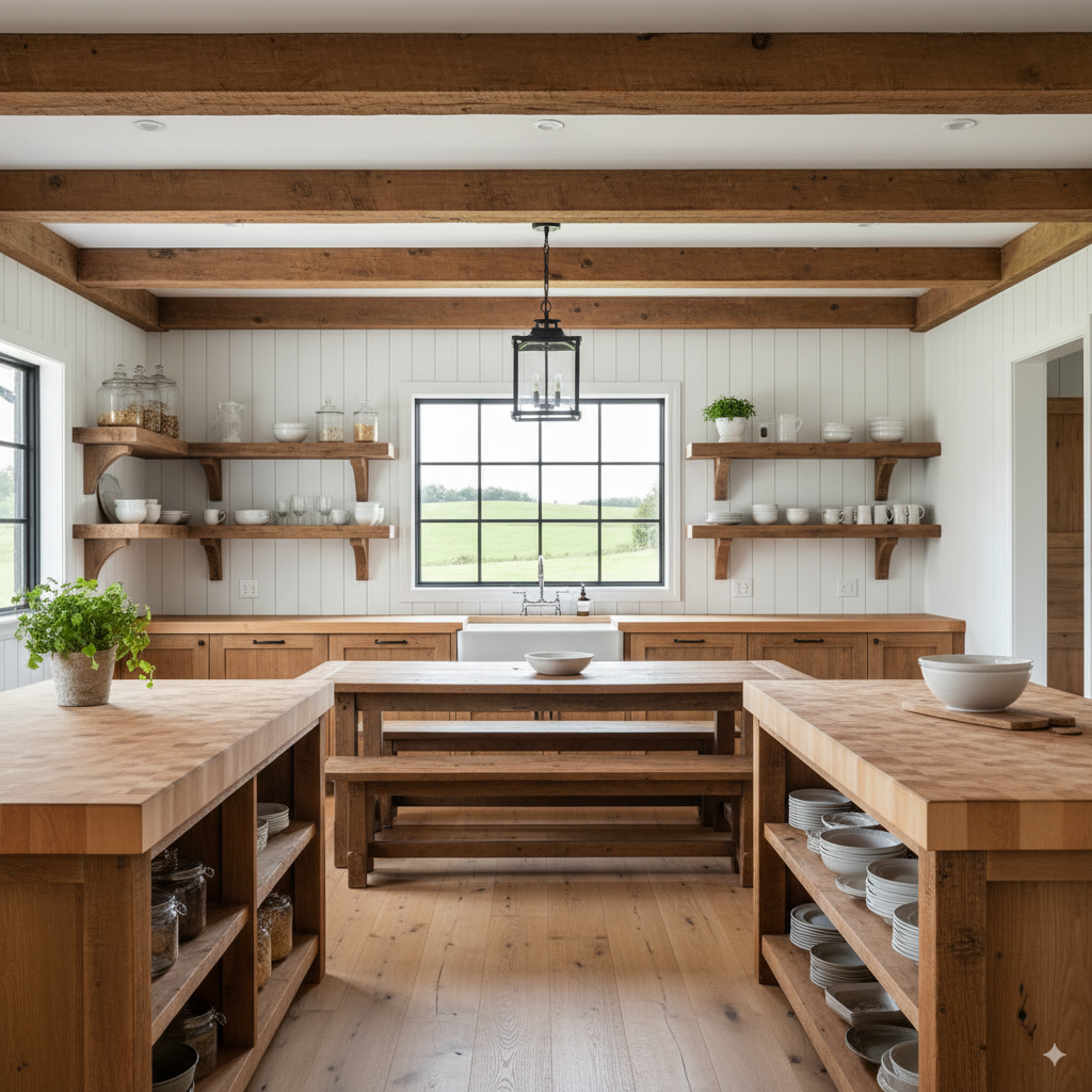 A farmhouse kitchen showcasing natural wood elements, including butcher block countertops, open shelving, and exposed beams