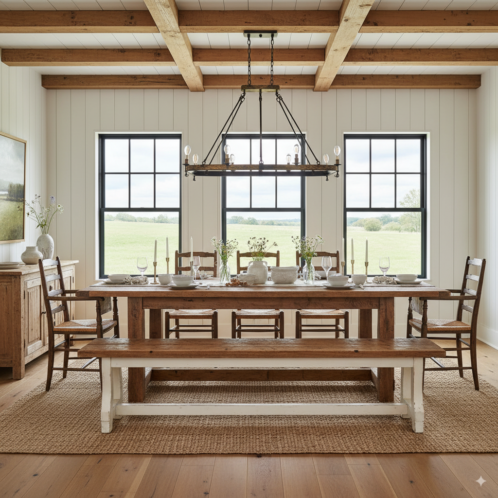A farmhouse dining room featuring a large wooden table, mixed seating, and a statement chandelier
