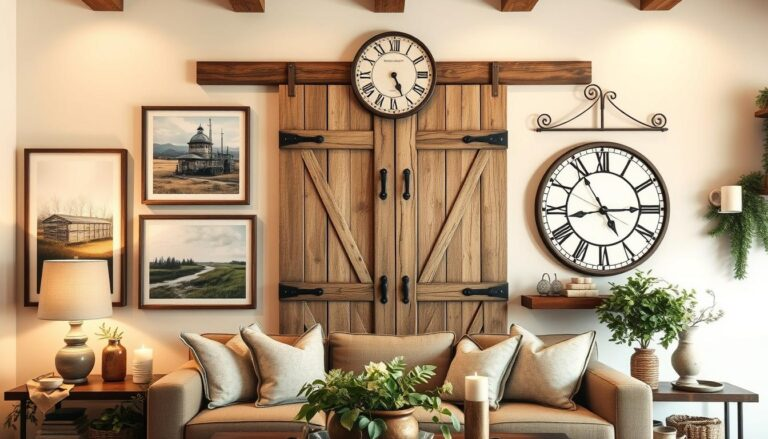 A gallery wall showcasing various farmhouse wall decor elements including vintage signs, family photos, and botanical prints