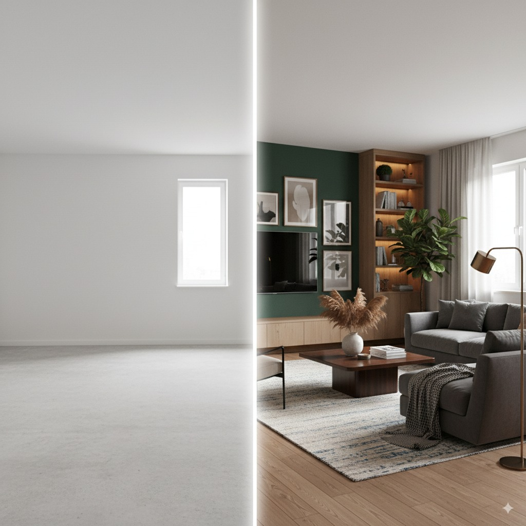 Split-screen showing a plain, empty room on the left and the same room transformed with AI into a stunning, fully-designed space on the right
