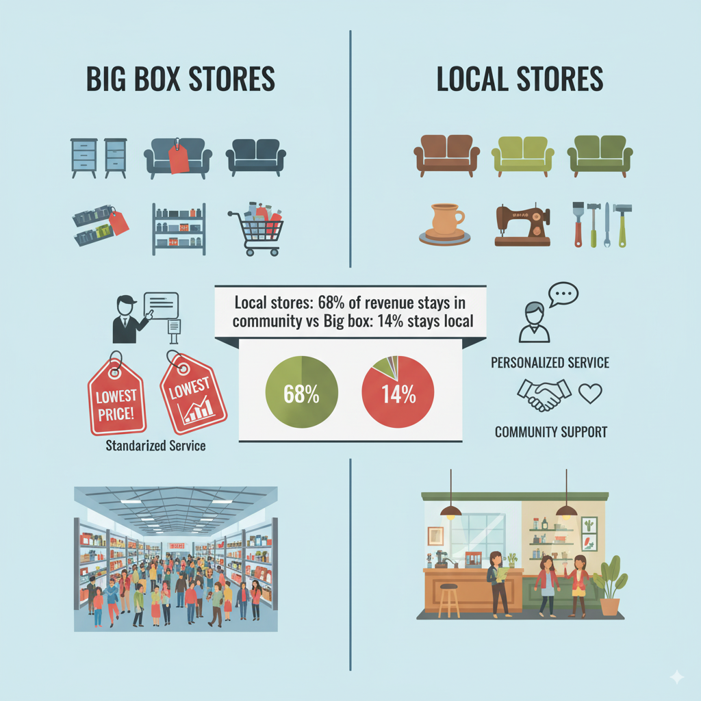 Infographic comparing big box vs local stores with two columns: LEFT SIDE "Big Box Stores" shows mass-produced furniture icons, standardized layouts, price tags emphasizing "lowest price," and crowded warehouse-style shopping. RIGHT SIDE "Local Stores" shows unique handcrafted items, personalized service icons, artisan tools, community support symbols, and cozy boutique atmospheres. Include statistics: "Local stores: 68% of revenue stays in community vs Big box: 14% stays local"