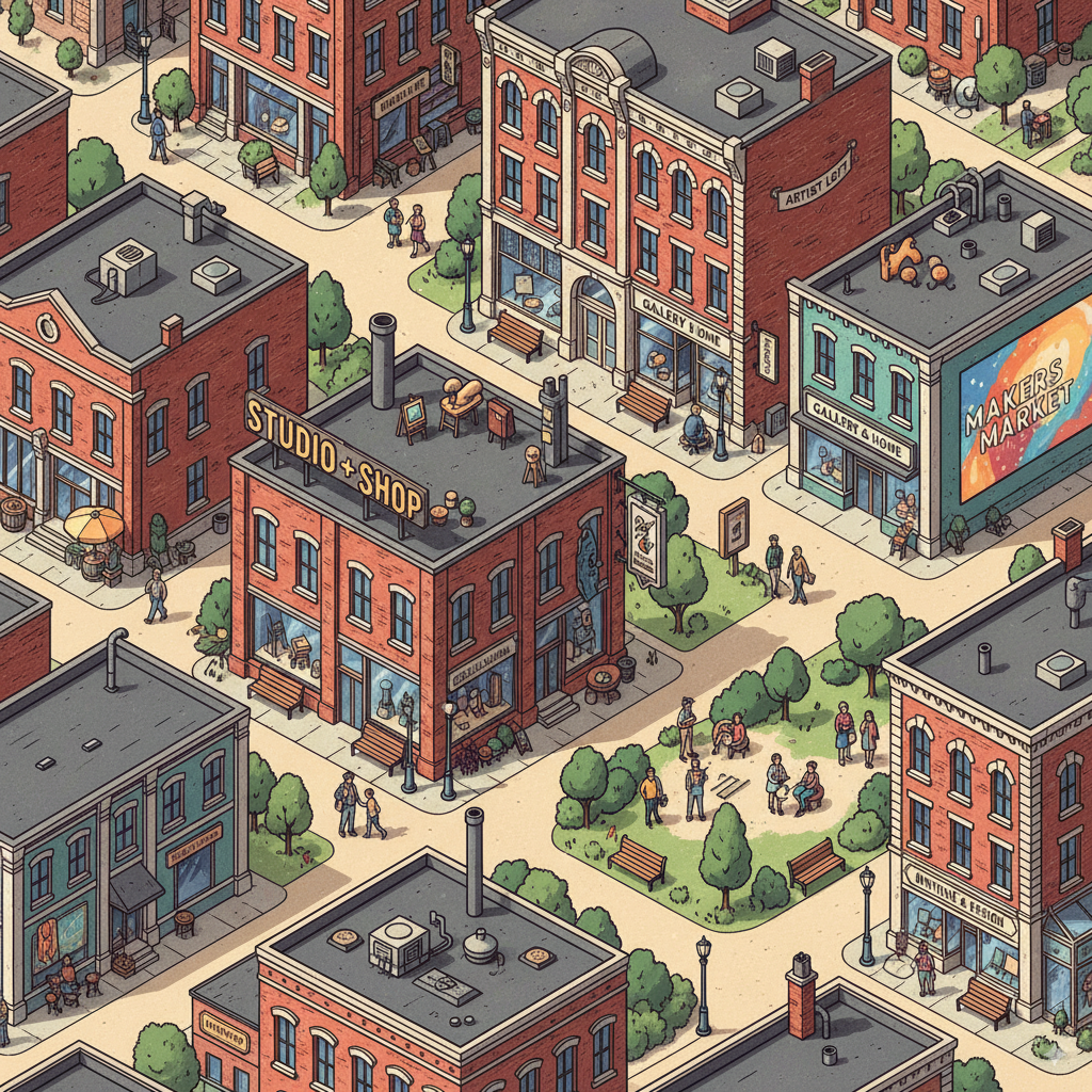 Map illustration of a typical arts district showing various types of stores: converted warehouse with "Studio + Shop" sign, historic brick building with "Gallery & Home" storefront, artist loft with "Local Ceramics" workshop, vintage building with "Antique & Design" shop, and a creative co-op space with "Makers Market" signage. Include walking paths, coffee shops, and small parks to show the neighborhood character.
