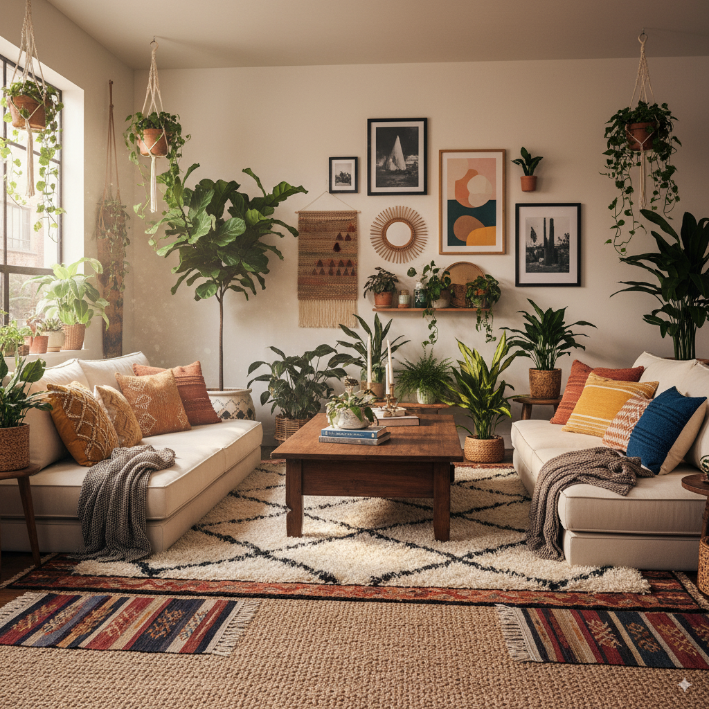 A boho living room showcasing low seating, layered rugs, abundant plants, and a gallery wall of eclectic art pieces